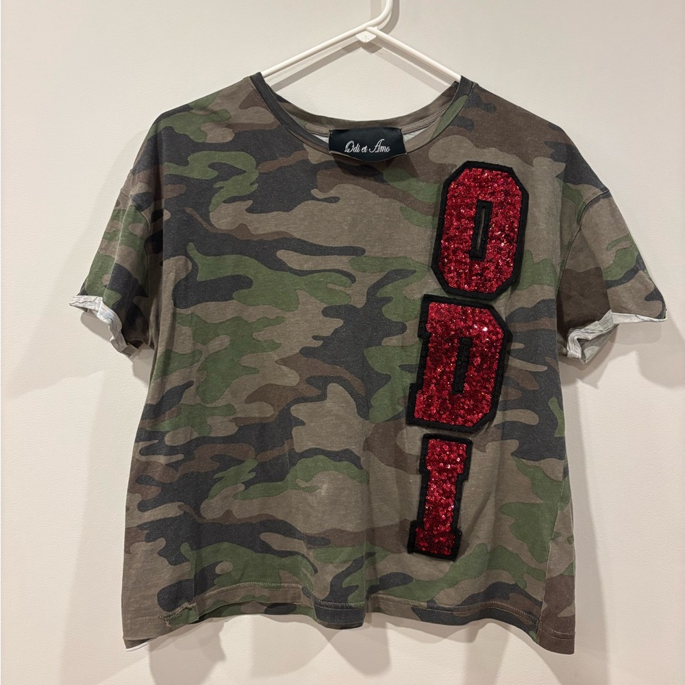 Odi et Amo Camo Loose Fit Oversized T-Shirt Patch Letters Bold Women's size 2
